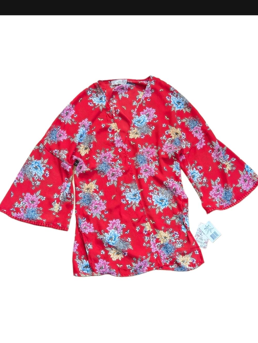 Pink Republic Lightweight Floral Festival Eyelet Lace Trim Caftan Cardigan NWT